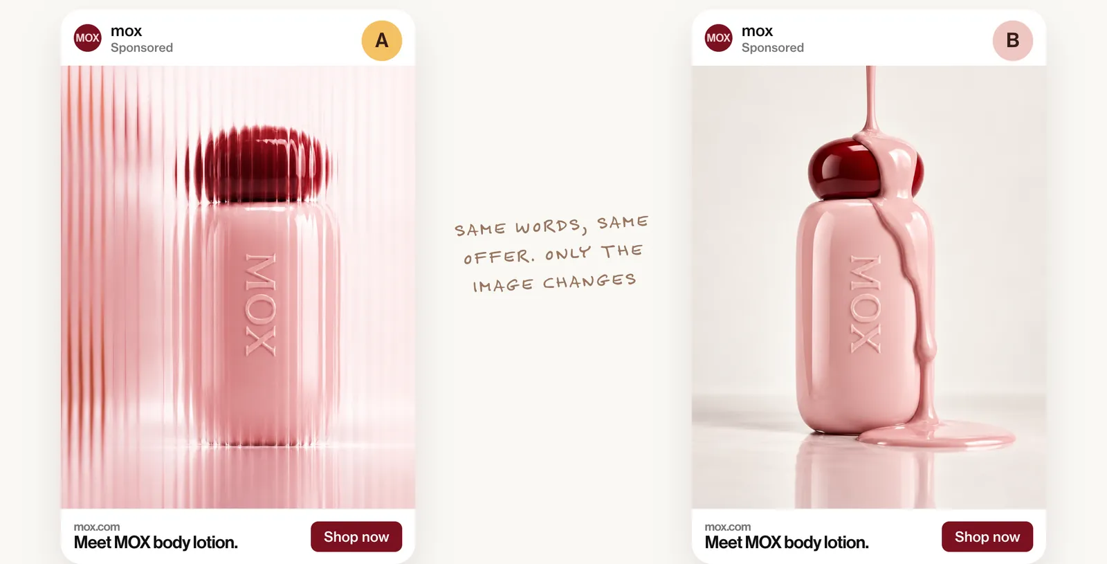 Two versions of the same feed ad, A with the bottle behind ribbed glass and B with lotion pouring over it, both with the headline "Meet MOX body lotion" and a Shop now button.