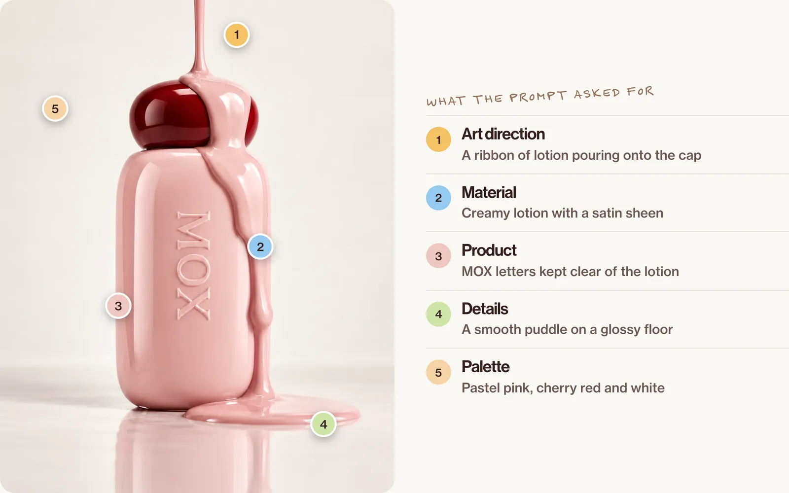The texture frame with numbered pins: thick pink lotion pouring from above onto the cherry-red cap, running down one side of the bottle and pooling on a glossy white surface, the MOX letters still readable.