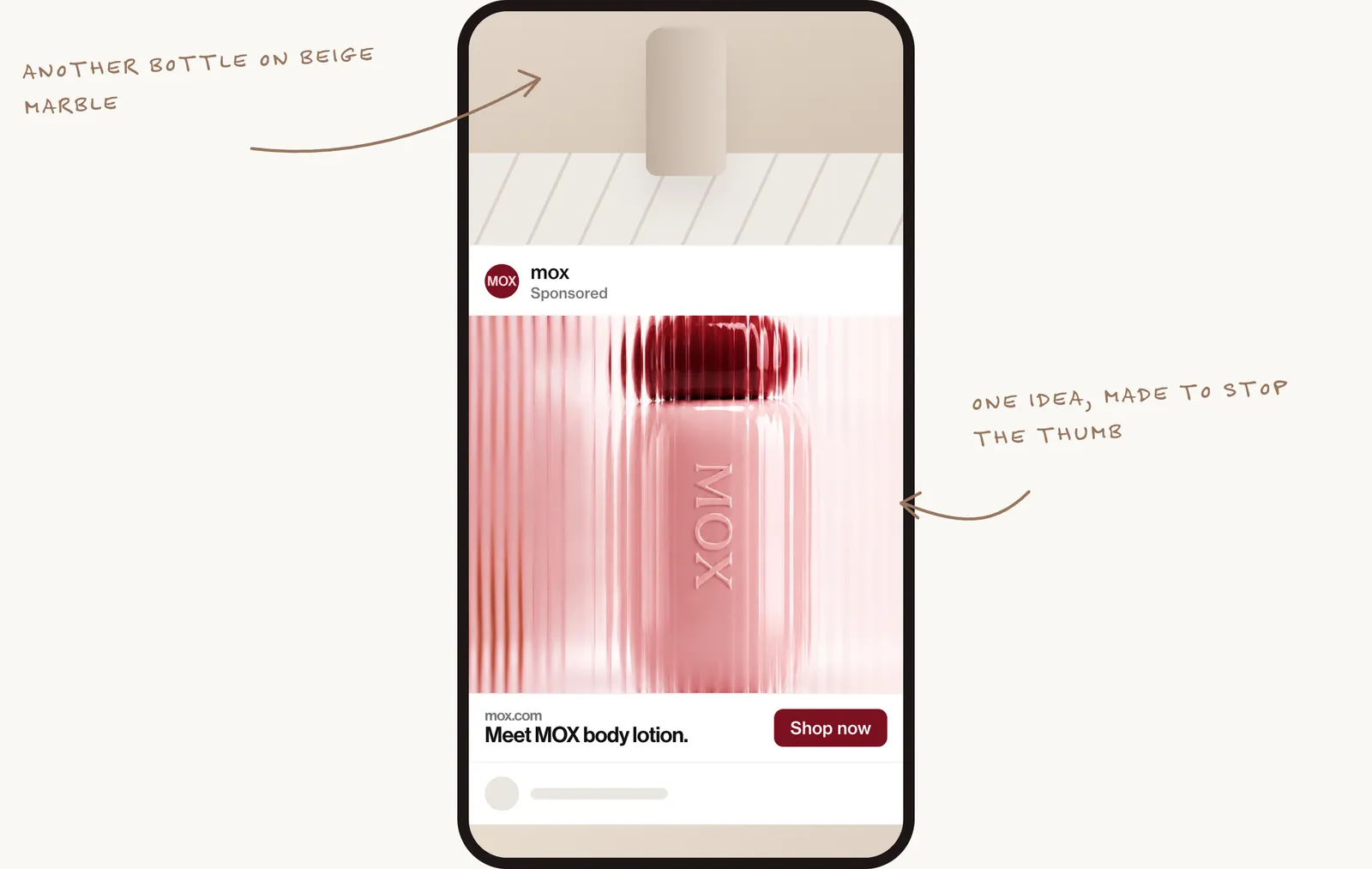 A phone showing a social feed: a plain beige bottle-on-marble post above, then the MOX ad behind ribbed glass with the headline "Meet MOX body lotion" and a Shop now button, labelled "one idea, made to stop the thumb".