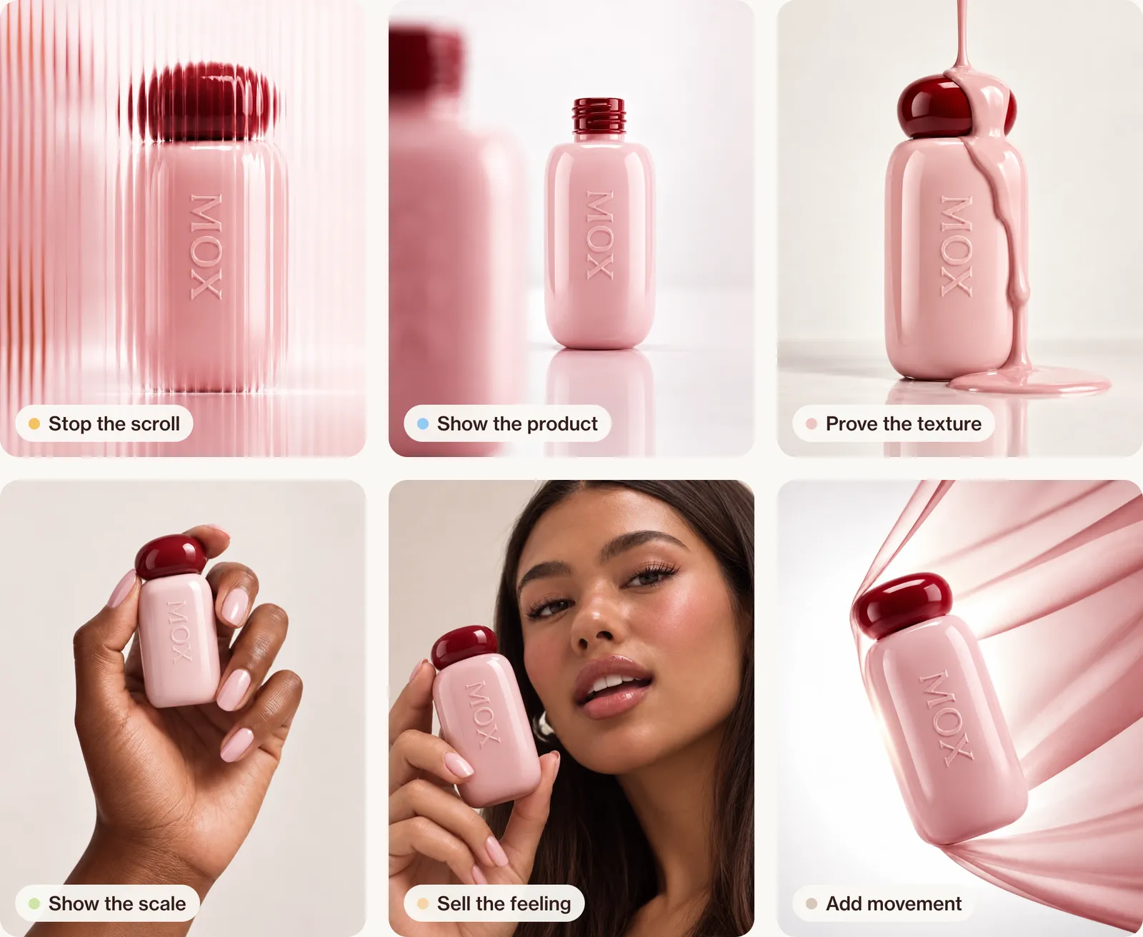 Six AI-generated ad frames of the same pink bottle with a cherry-red cap, each labelled with its job: stop the scroll behind ribbed glass, the product open on white, texture with lotion pouring over it, scale in a hand, feeling with a model holding it to her cheek, and movement wrapped in sheer pink fabric.