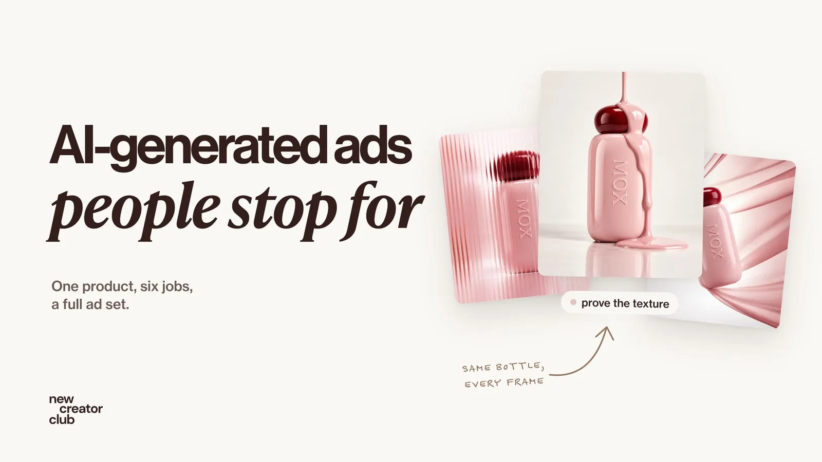 A pink lotion bottle with a cherry-red cap in three AI-generated ad frames: behind ribbed glass, with pink lotion pouring over it, and wrapped in sheer pink fabric