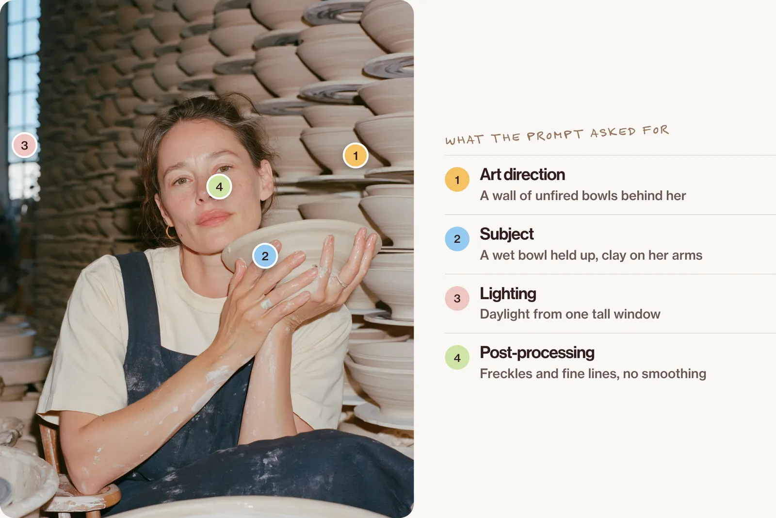 A ceramicist holding a wet clay bowl beside her face in front of a wall of unfired bowls, with numbered points for the wall, the wet bowl, the window light and her natural skin.