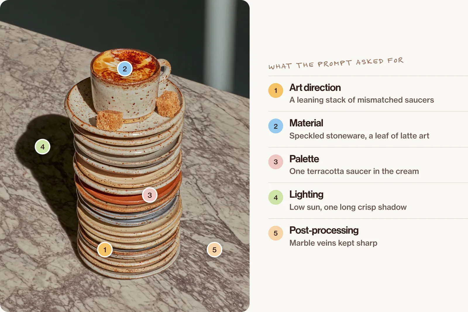 A cappuccino in a speckled cup on top of a tall leaning stack of mismatched saucers on marble, with five numbered points: the stack, the stoneware, a terracotta saucer, the long shadow and the marble veins.