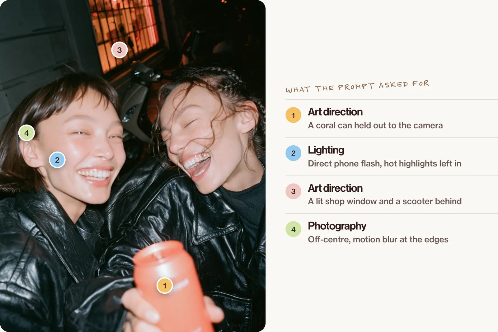 Two friends in leather jackets laughing on a street at night in direct phone flash, one holding a coral can towards the camera, with numbered points for the can, the flash, the shop window behind and the motion blur.