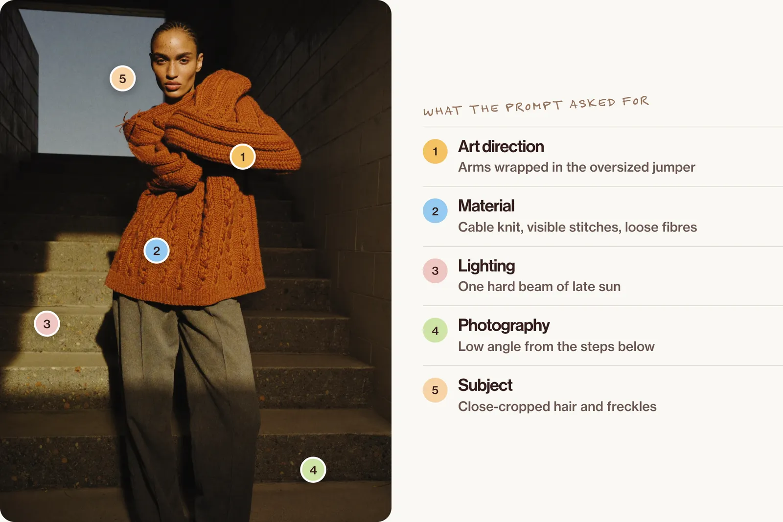 A model in a rust cable-knit jumper with her arms wrapped around herself on concrete stairs, a hard beam of sun across the steps, with numbered points for the pose, the knit, the light, the low angle and her freckles.