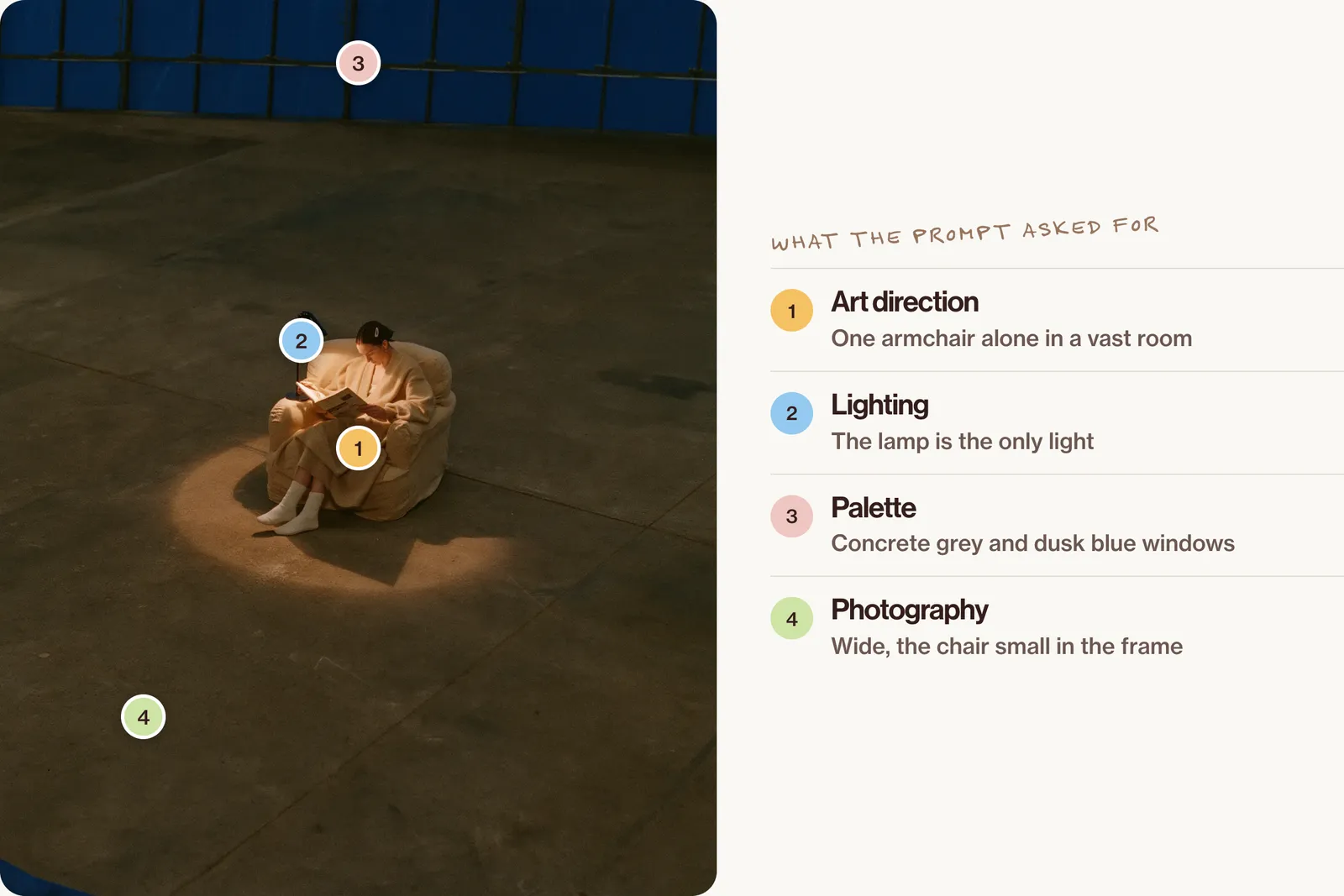 A woman reading in a single armchair in the middle of a vast dark concrete room, lit only by a small lamp, with numbered points for the chair, the lamp, the blue windows and the wide framing.