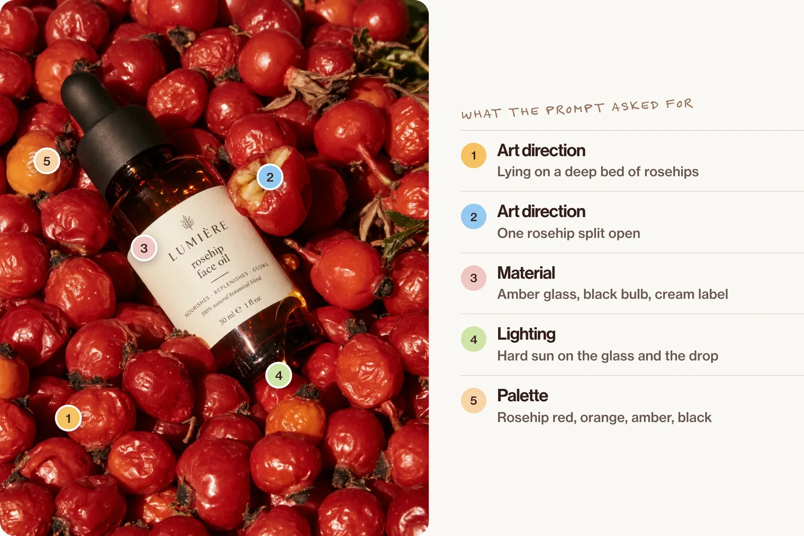 An amber dropper bottle of rosehip face oil lying on a deep bed of glossy red rosehips in hard sun, one rosehip split open and a golden drop on the glass, with numbered points for the bed of rosehips, the split rosehip, the bottle, the light and the palette.