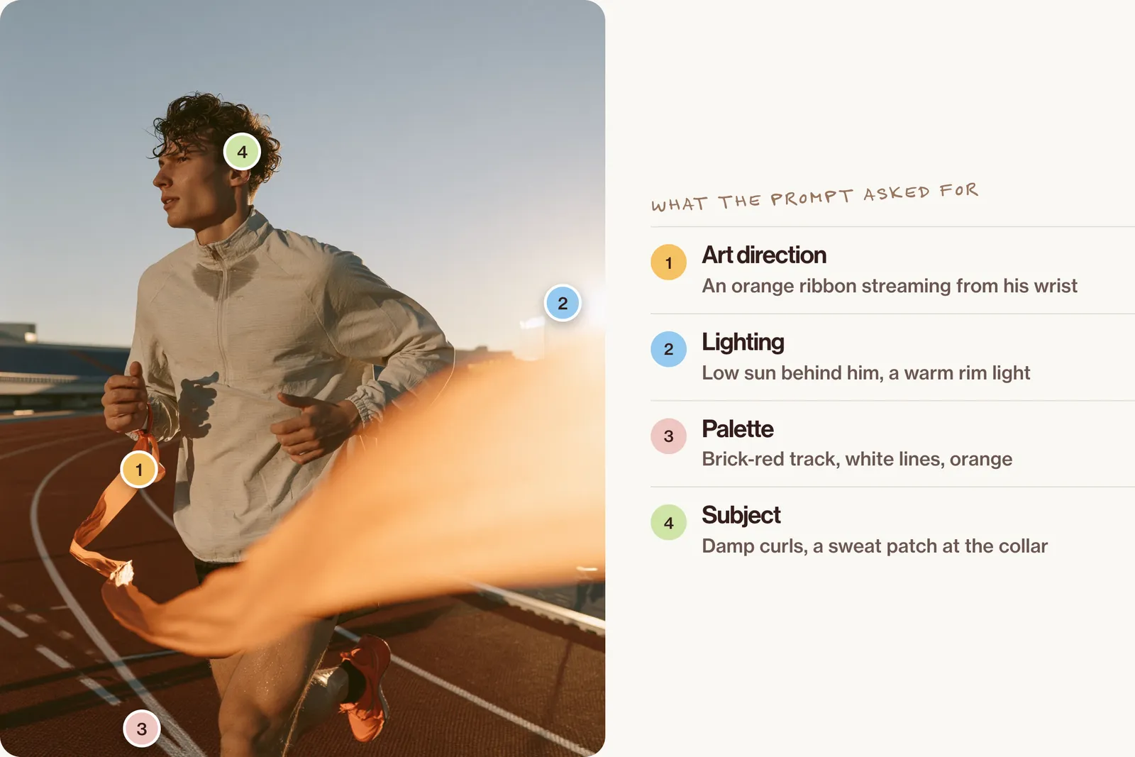 A young man running on an athletics track at sunrise with an orange ribbon streaming from his wrist, with numbered points for the ribbon, the low sun, the track and his damp hair.