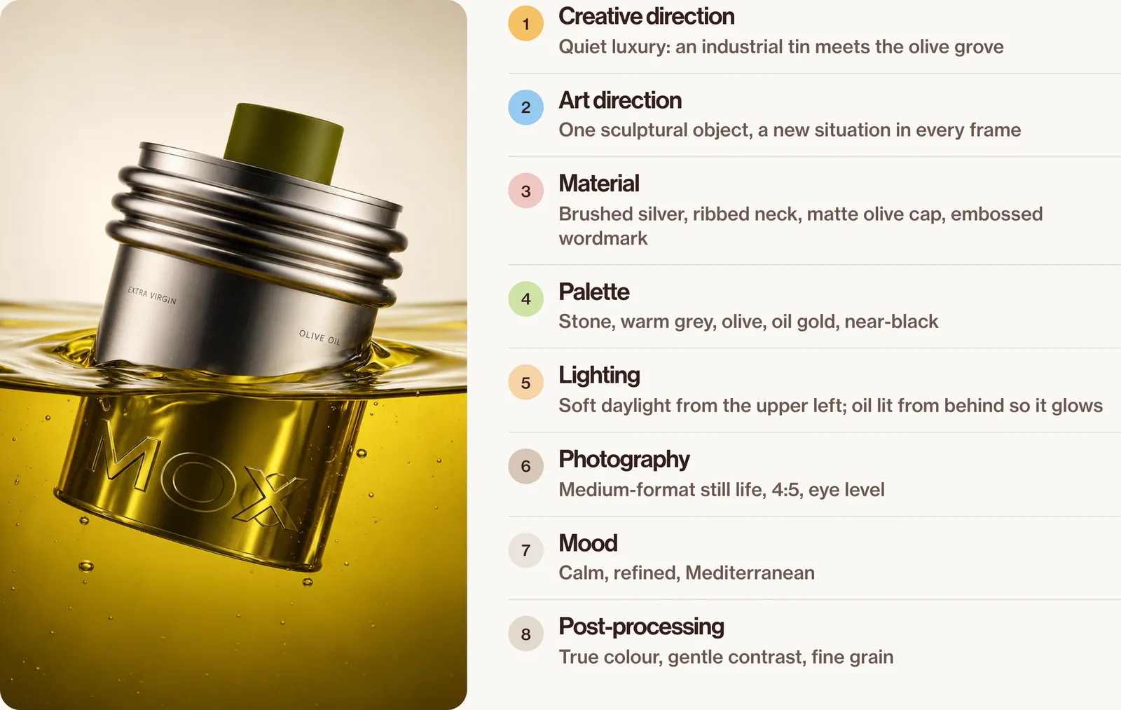 A brushed-silver olive oil tin half sunk in golden oil, next to the eight decisions behind its campaign: quiet luxury, one sculptural object, brushed silver and an olive cap, a stone-to-olive palette, soft daylight with backlit oil, medium-format still life, a calm mood and a true-colour finish.
