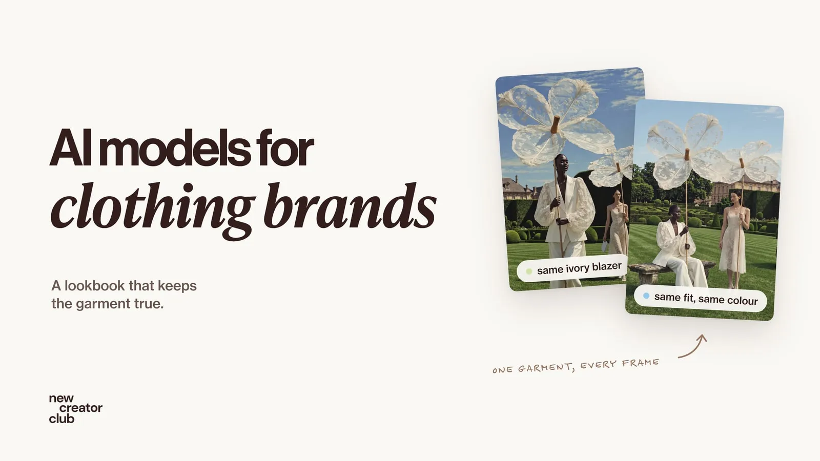 Two château garden campaign frames showing the same ivory blazer, tagged same ivory blazer and same fit, same colour