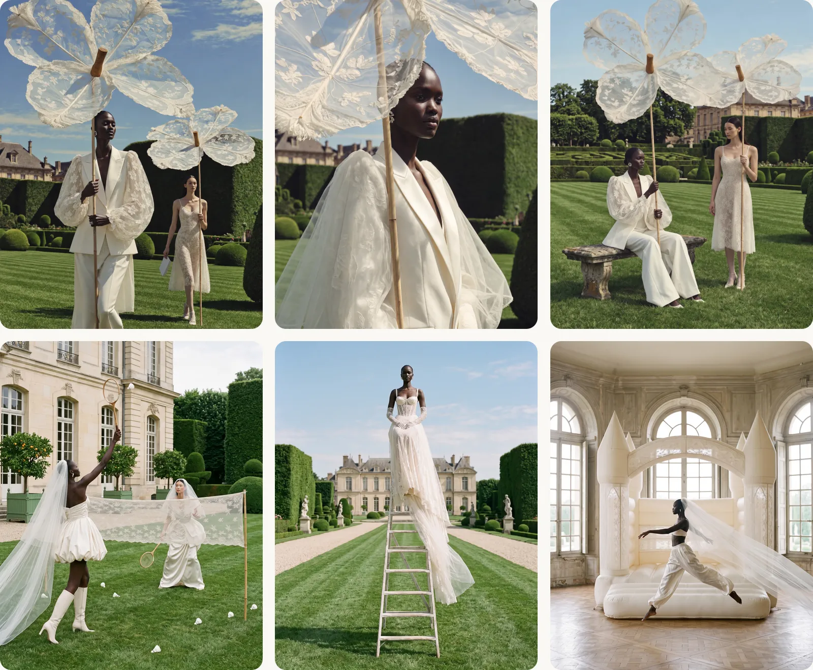 Six frames from a concept bridal campaign in a château garden: models in ivory tailoring with giant lace flowers on poles, a close-up of a blazer, two models on a lawn, brides playing badminton, a bride on a ladder and a leap beside a white bounce castle.