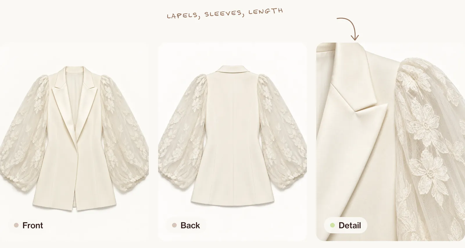 The ivory blazer laid flat: the front with satin peak lapels and sheer embroidered balloon sleeves, the back with its seams, and a close-up of the lapel beside the lace flowers on the sleeve.