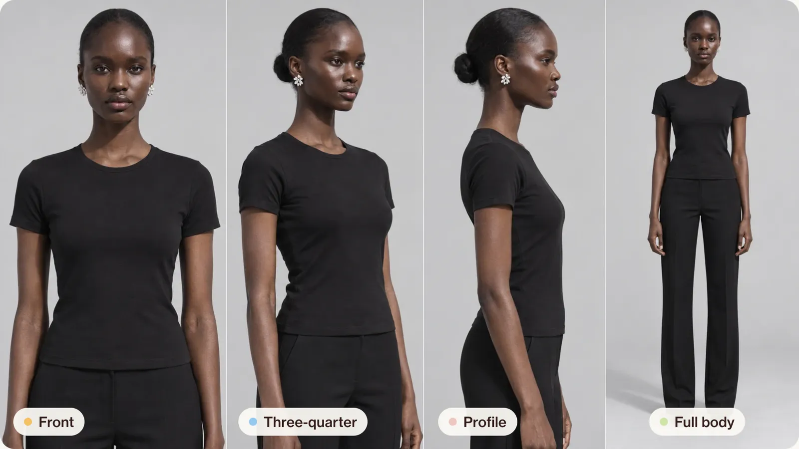 A model reference sheet of one woman in a black T-shirt and black trousers on a grey background: front, three-quarter, profile and full-body views, with the same face, low bun and silver flower earrings in each.