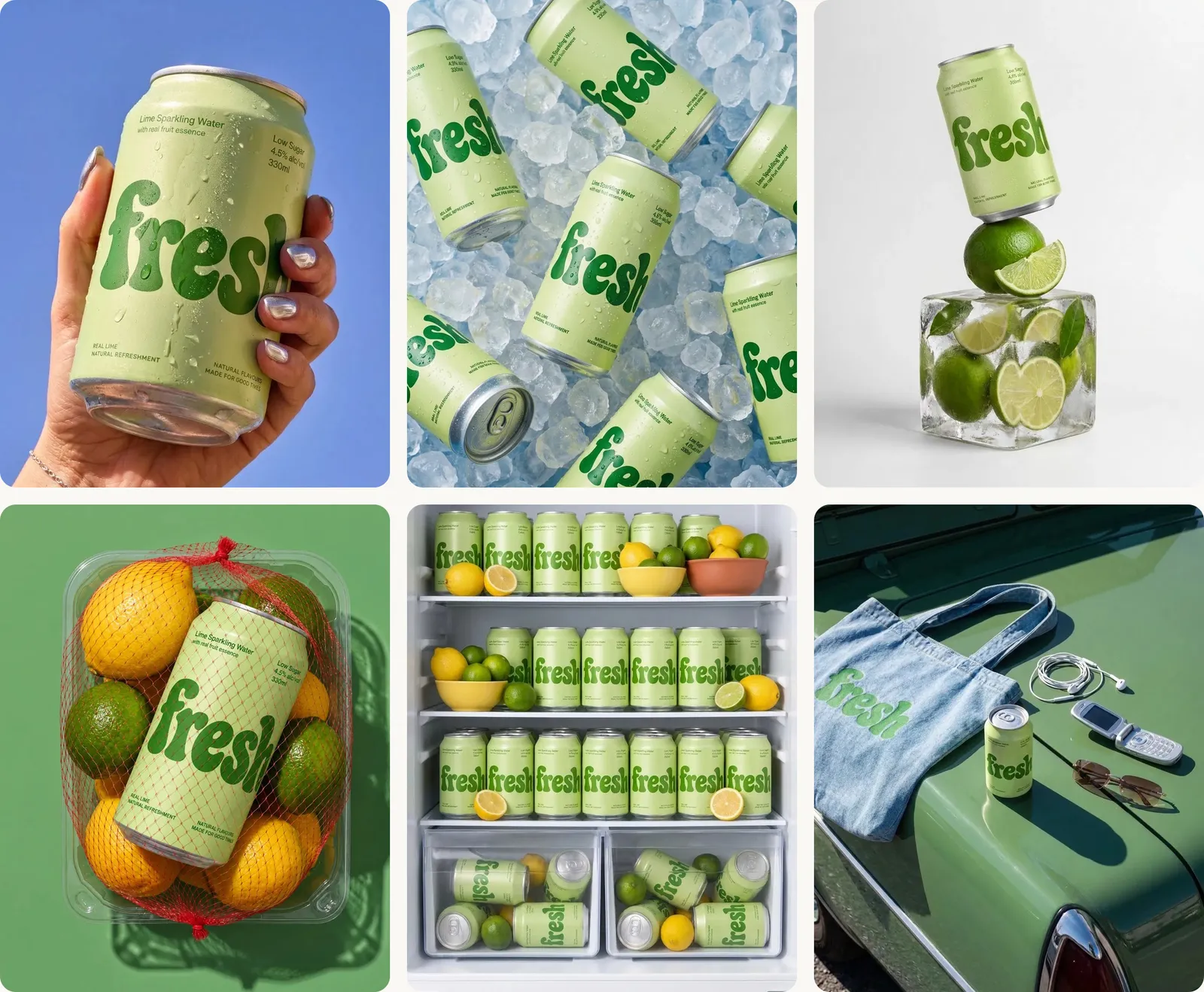 Six campaign frames of the same lime-green can: held against a blue sky, scattered on crushed ice, balanced on an ice cube with limes, in a net bag of citrus, filling a fridge, and on the bonnet of a green car.