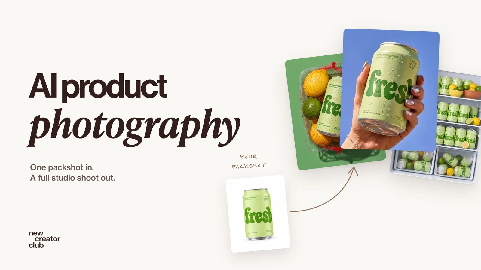 One lime drink can packshot beside three studio campaign frames made from it with AI