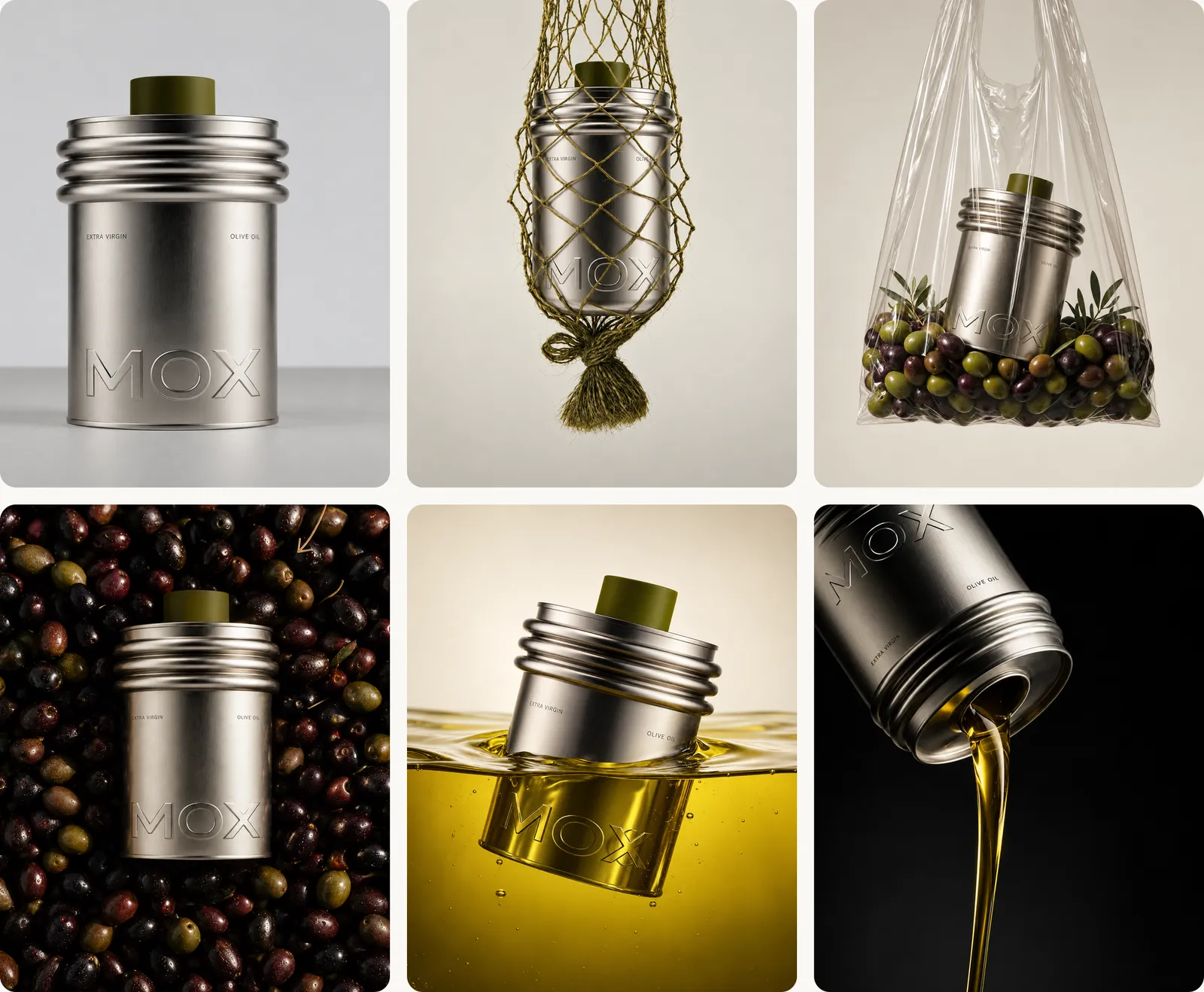 Six campaign frames of the same brushed-silver olive oil tin: a clean hero shot, hanging in a rope net, in a plastic bag of olives, lying on a bed of olives, half sunk in golden oil, and pouring a stream of oil.