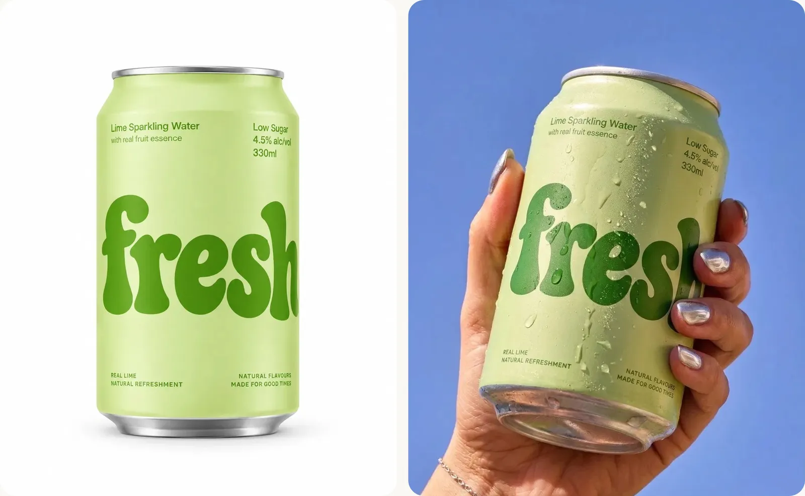 One clean packshot of a lime-green drink can next to a campaign frame of the same can held up against a blue sky.