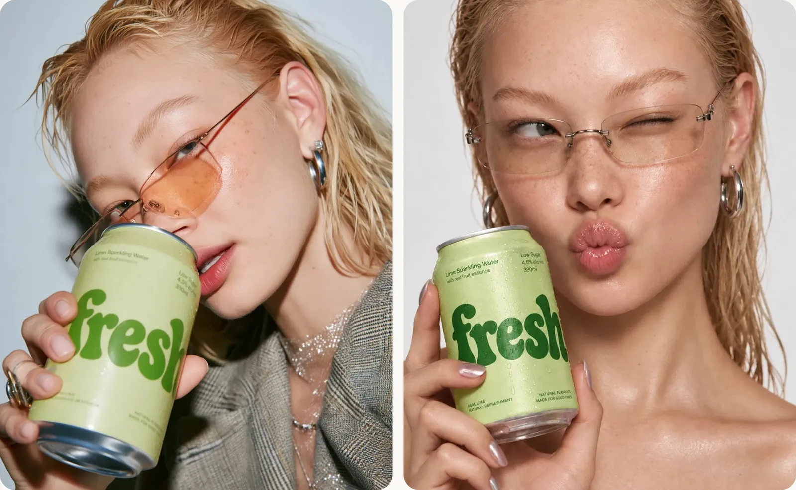 Two campaign portraits with the lime-green can: a woman in orange-tinted sunglasses drinking from it, and a woman winking as she holds it to her cheek.