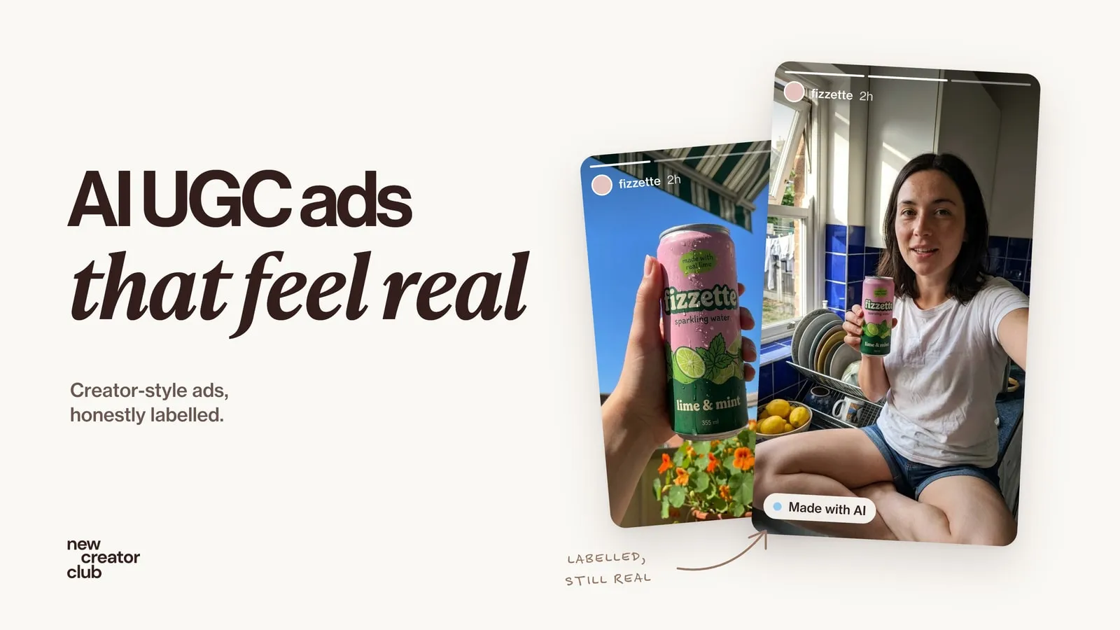 Two phone story frames of a pink-and-green fizzette can, one held up against a blue sky and one in a kitchen selfie, labelled made with AI
