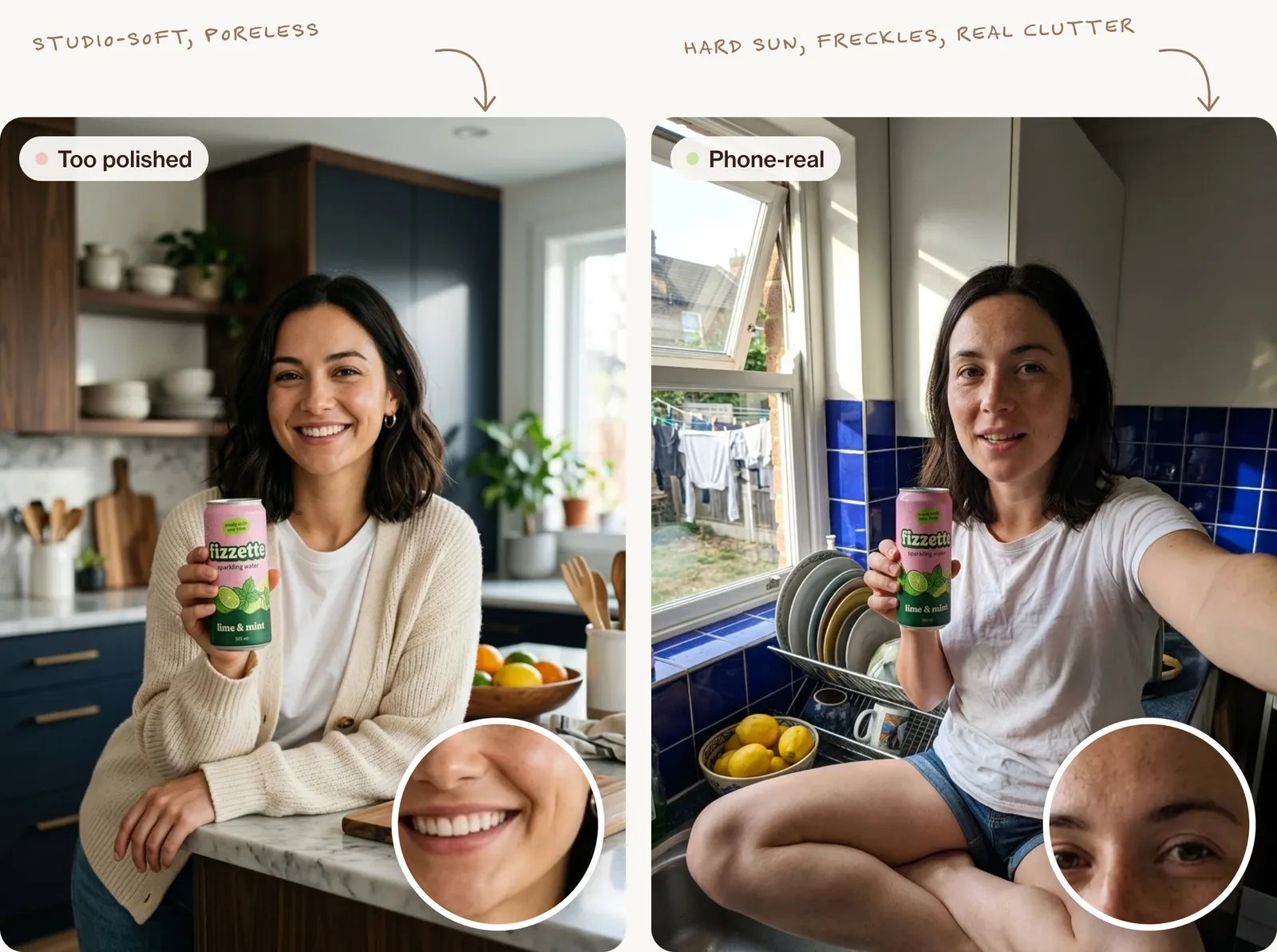 Two keyframes of the same idea: on the left a too-polished woman in a showroom kitchen with smooth, poreless skin; on the right a phone selfie on a blue-tiled kitchen counter in hard sun, with freckles and visible pores in the zoom circle.