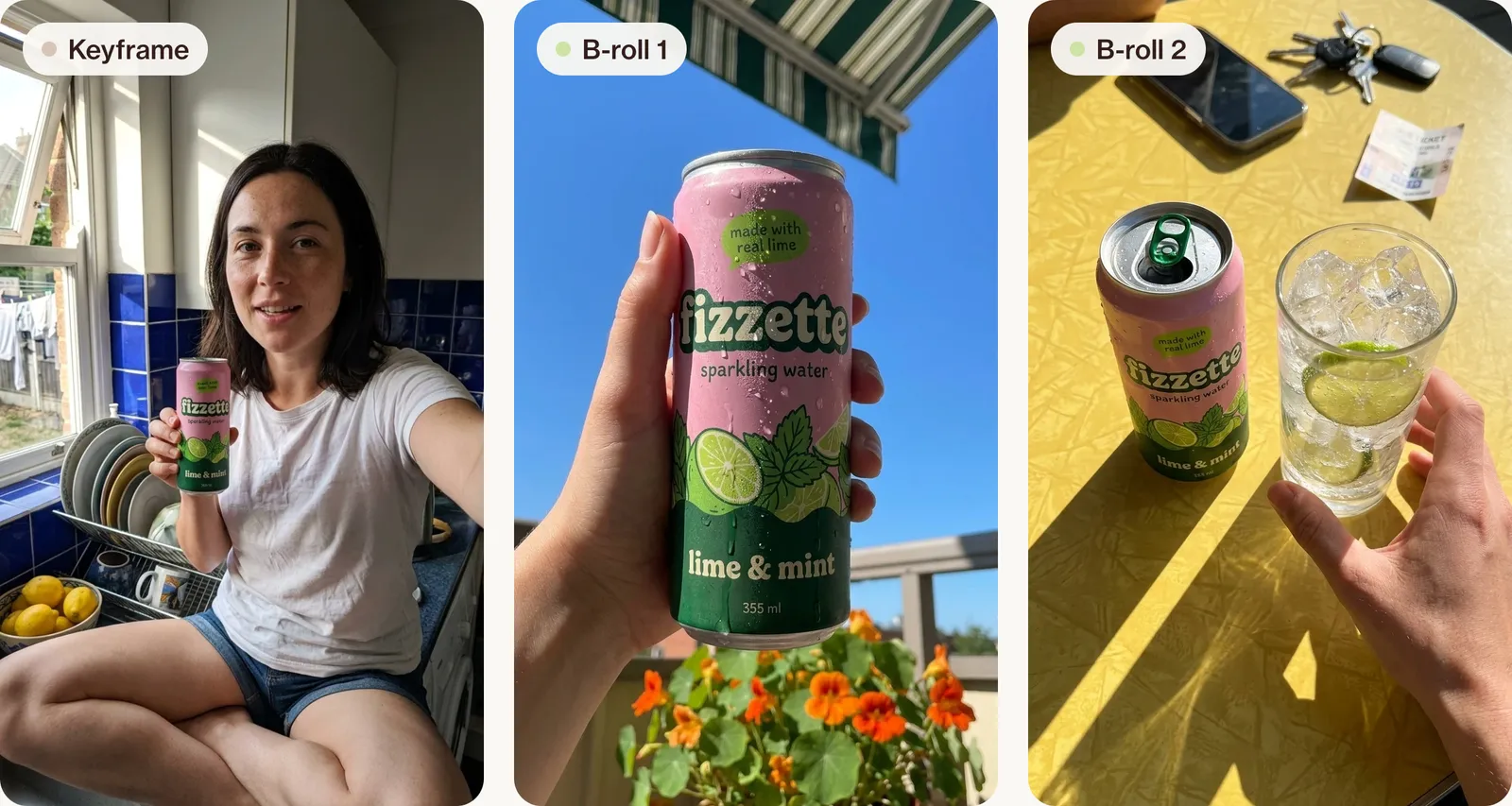 The presenter keyframe and the two B-roll stills: the selfie in the blue-tiled kitchen, the can held up against a blue sky above orange nasturtiums, and the opened can beside a glass of ice and lime on a yellow table in hard sun.