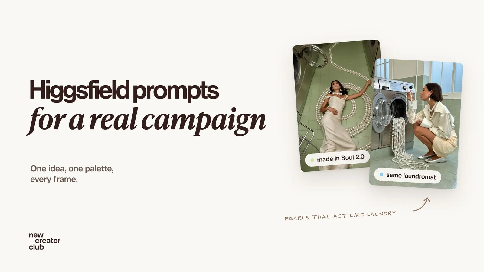 Two frames from a pearl jewellery campaign in a mint-tiled laundrette: a woman lying in a spiral of pearls, and a woman pulling pearls out of a washing machine
