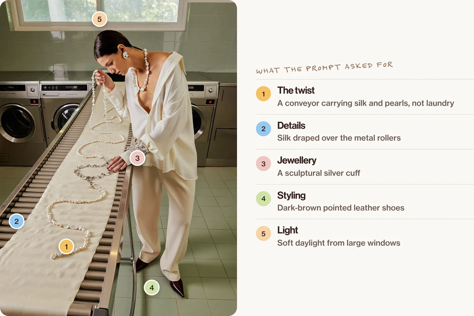 The conveyor frame with numbered pins on the ribbon of ivory silk, the steel rollers, the silver cuff, the pointed brown shoes and the large windows.