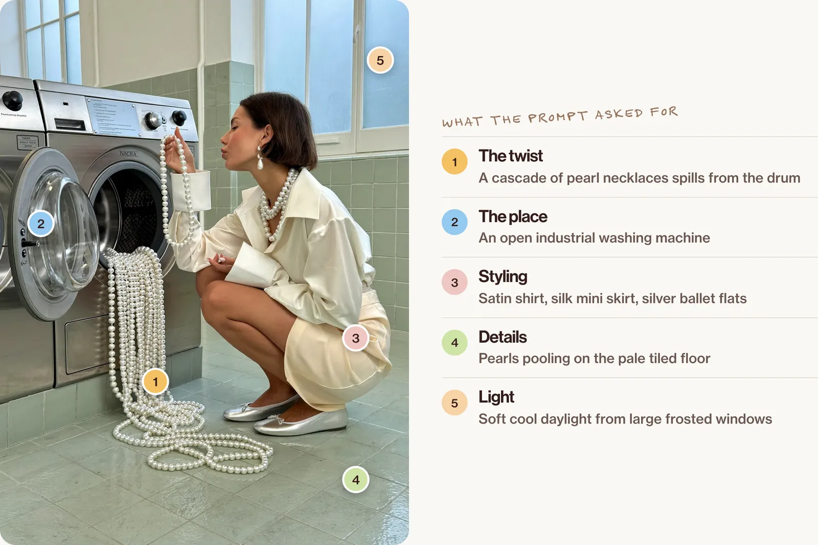 The washing machine frame with numbered pins on the cascade of pearls, the open drum, the satin outfit, the pearls pooling on the floor and the frosted windows.