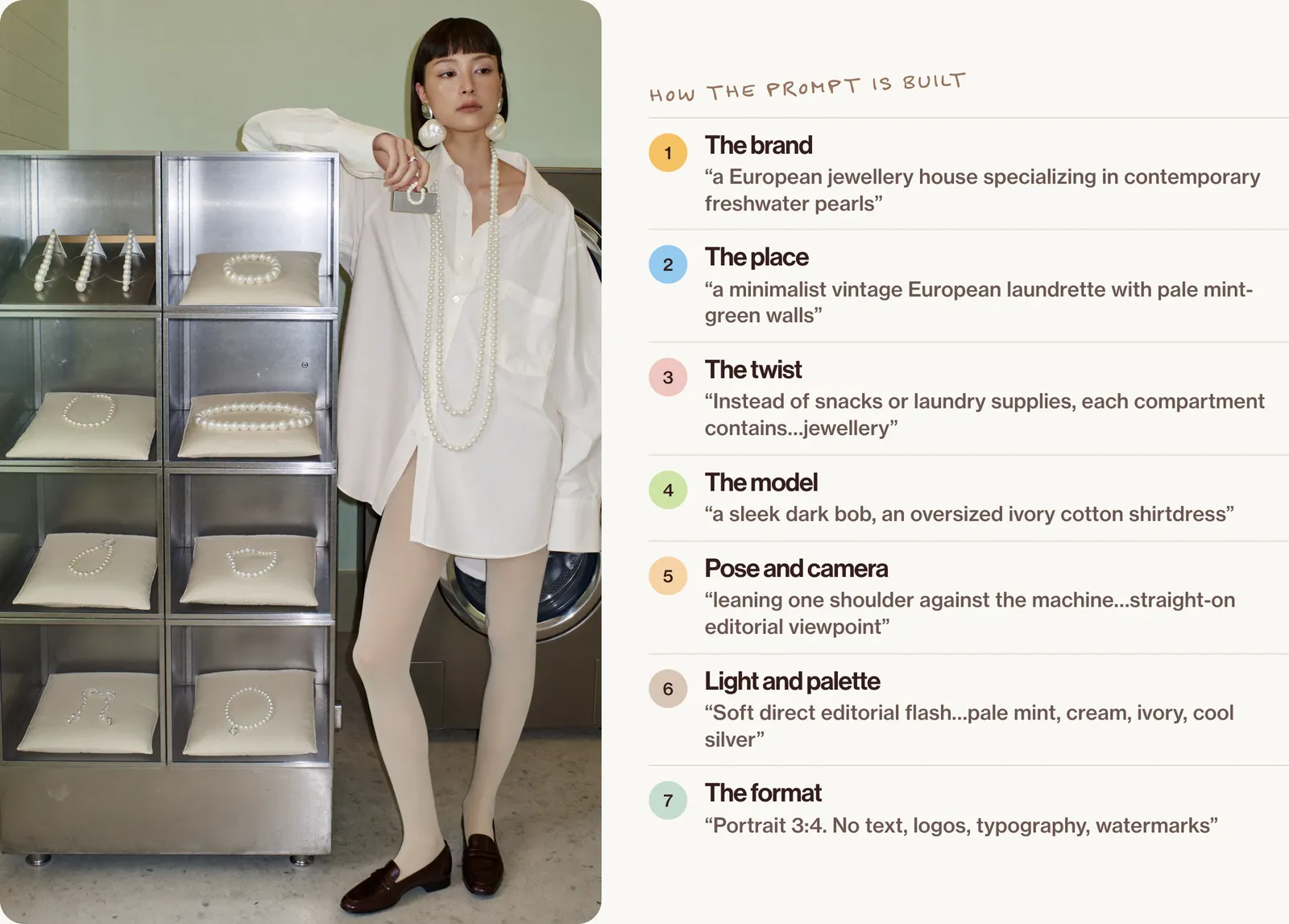 The vending machine frame beside the seven parts of its prompt: the brand, the place, the twist, the model, the pose and camera, the light and palette, and the format.