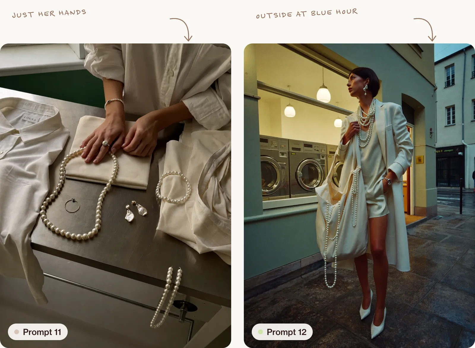 Two frames side by side: an overhead close-up of hands arranging pearl jewellery on folded silk on a steel table, and a woman with a silk laundry bag outside a glowing laundrette at blue hour.