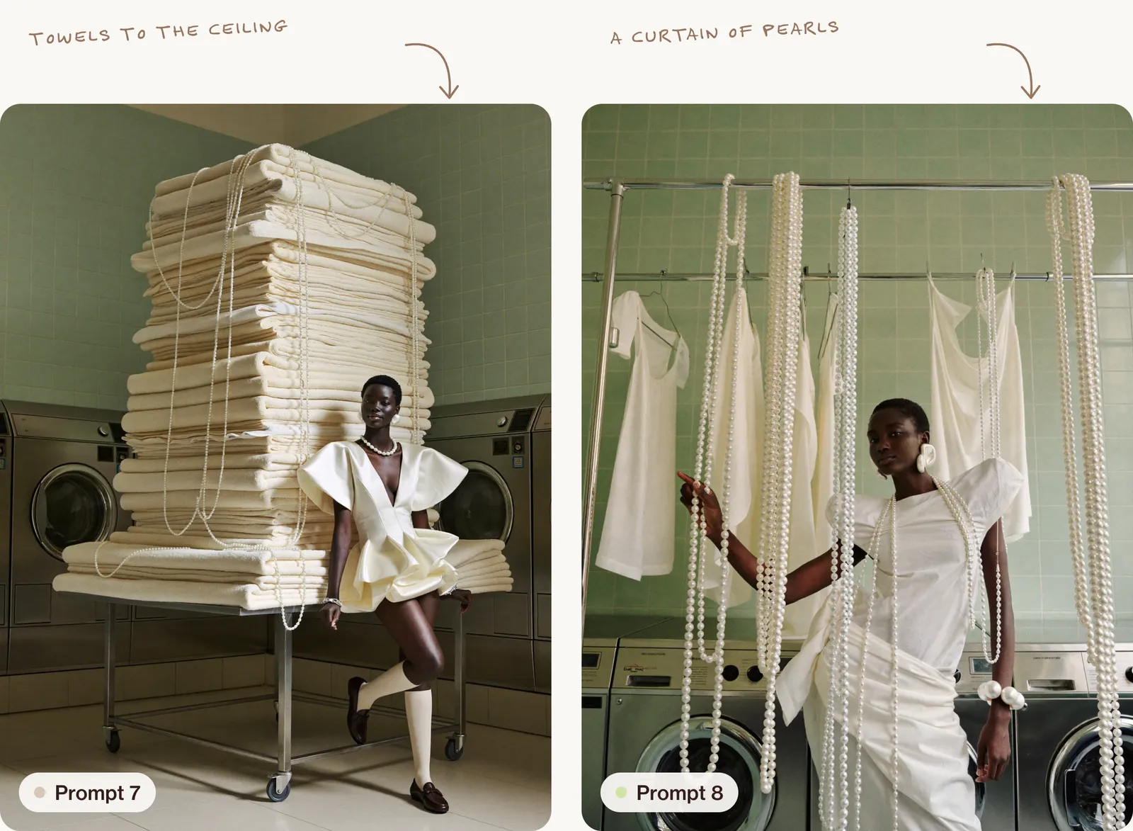 Two frames side by side: a towering stack of folded ivory towels on a steel trolley with a model leaning against it, and a model standing behind a curtain of hanging pearl necklaces.