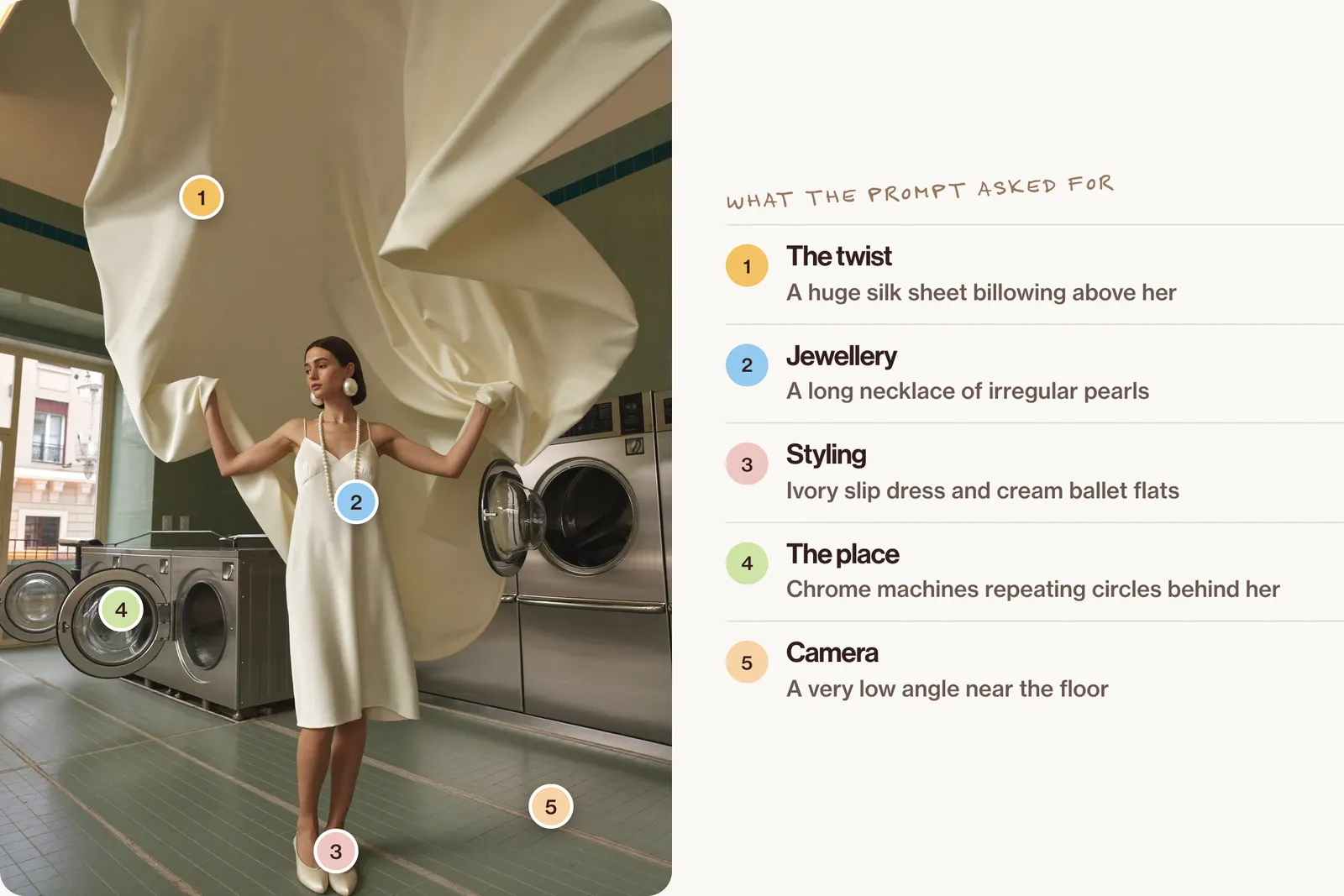 The silk sheet frame with numbered pins on the billowing sheet, the long pearl necklace, the slip dress and ballet flats, the chrome machine doors and the low camera angle.
