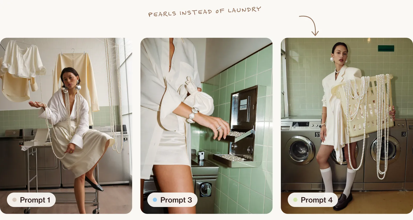Three frames from the pearl campaign: a woman perched on a steel laundry trolley draped in pearl strands, a hand collecting pearls from a chrome coin tray, and a woman holding a laundry basket overflowing with pearls.