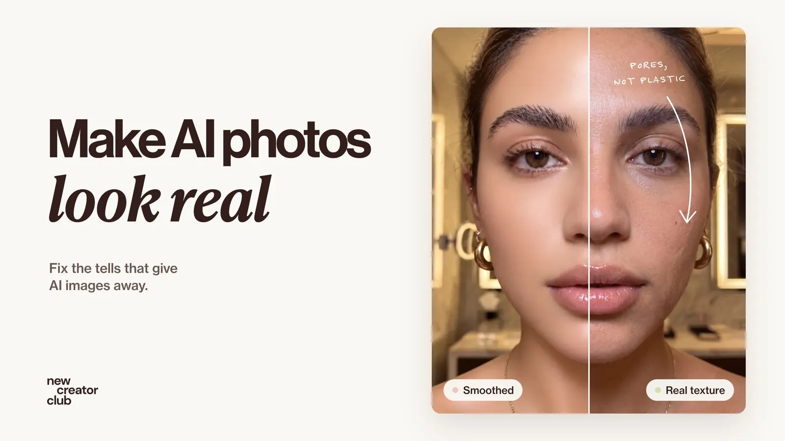 A close-up portrait split in two: smoothed, poreless AI skin on one side and natural skin texture on the other