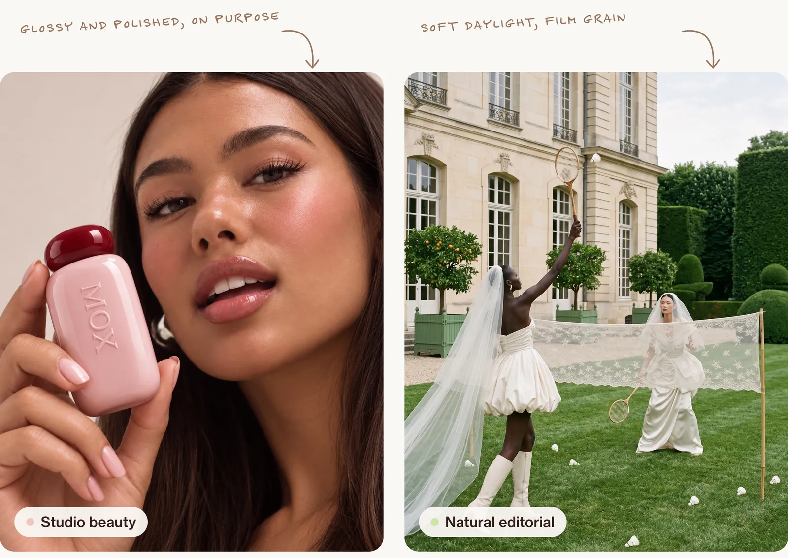 Two AI campaign images: a glossy studio beauty portrait of a woman holding a pink bottle, and a natural editorial of two brides playing badminton in a château garden.