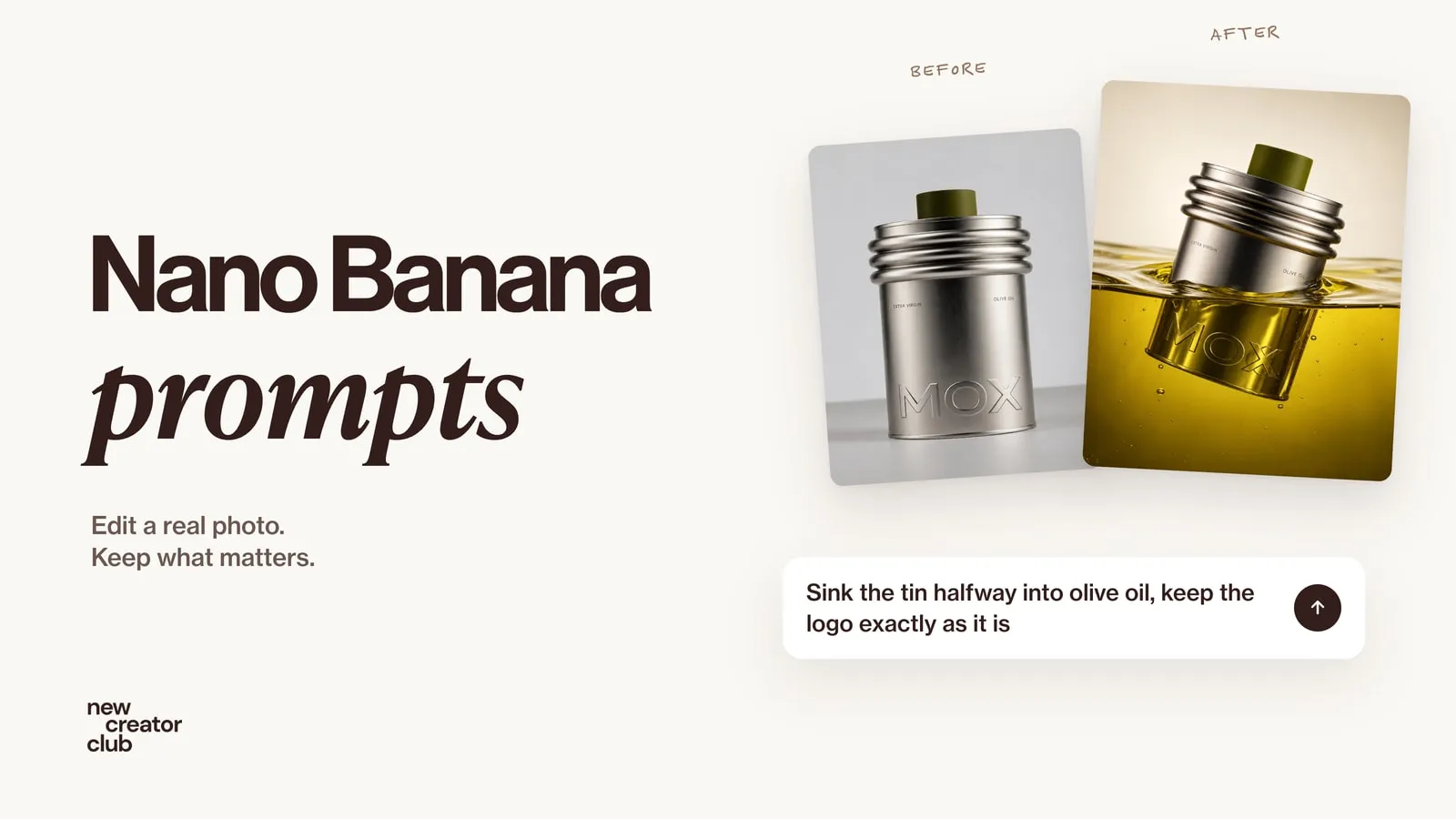 An olive oil tin photo before and after an AI edit, half sunk in golden oil, with the edit prompt written beside it