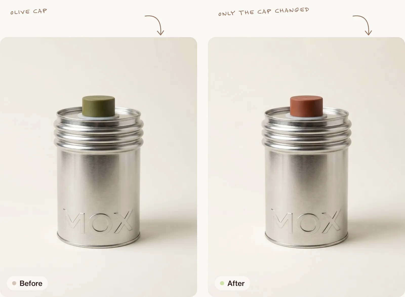 The same tin packshot twice: with its olive-green cap, and with a terracotta cap, everything else unchanged.