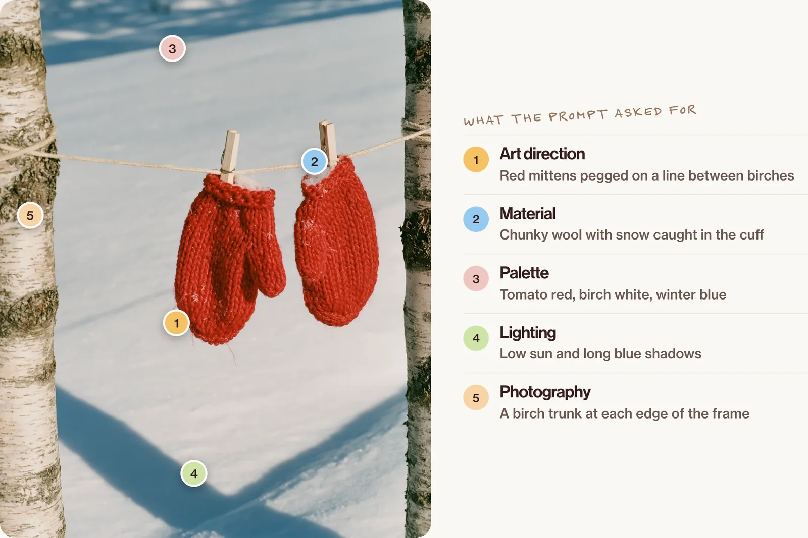 Two red knitted mittens pegged on a washing line between two birch trunks, snow and long blue shadows behind, with numbered pins for each part of the prompt.
