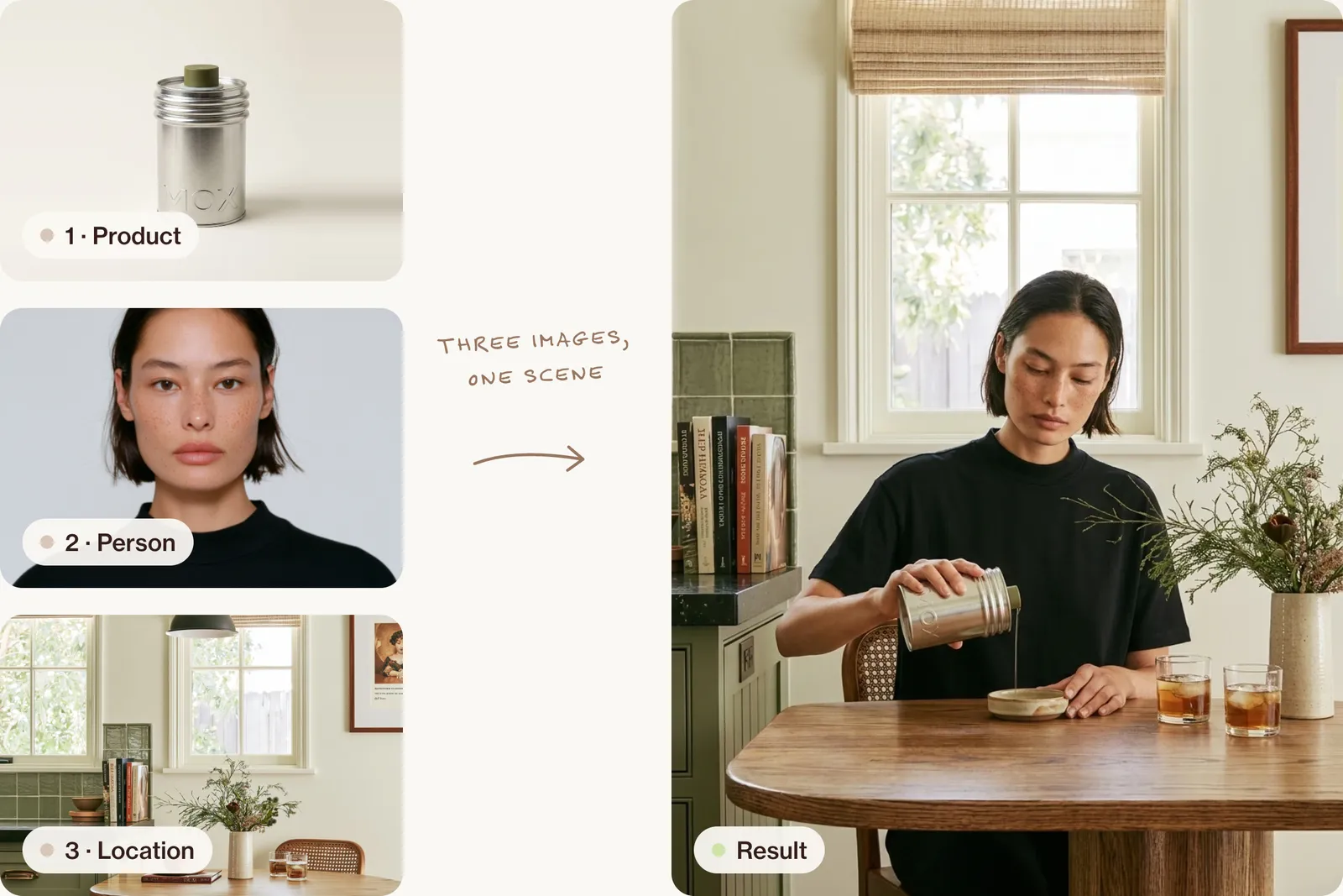 Three uploads, the tin, the portrait and a kitchen with a window, and the result: the woman pouring from the tin at the kitchen table.