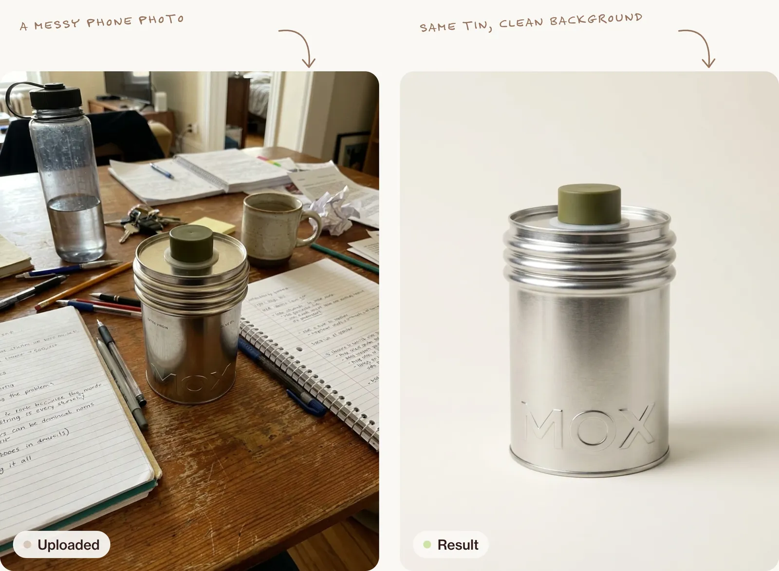 A phone photo of a brushed-silver tin on a cluttered desk, and the clean packshot made from it on a warm-white background, the tin unchanged.