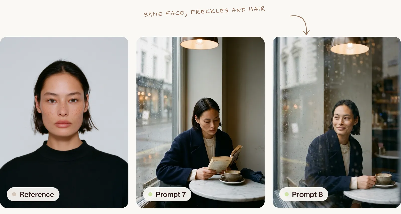 A studio reference portrait of a woman with a dark bob and freckles, then the same woman reading in a rainy café, then smiling from a new angle.