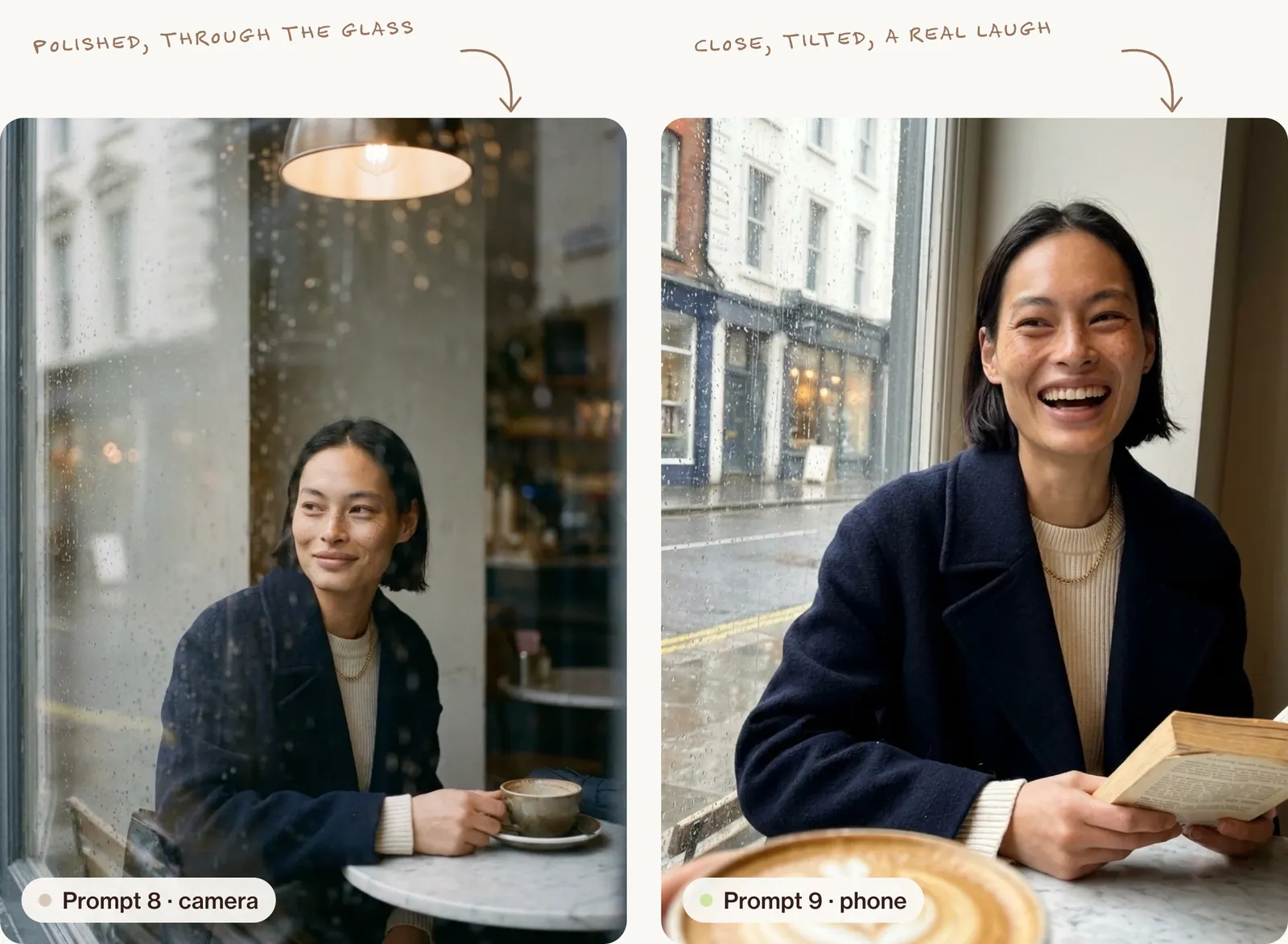 The same woman twice: smiling through a rainy café window, then laughing in a close, tilted phone photo with a latte in the foreground.