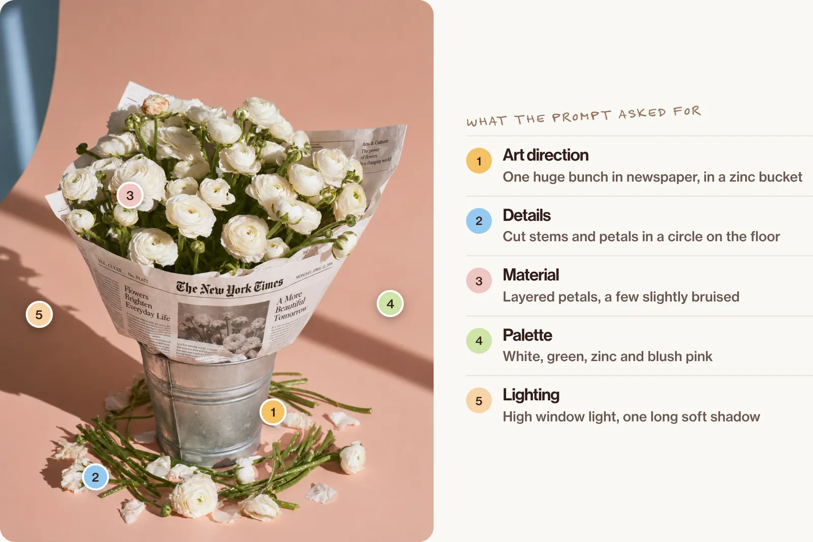 A big bunch of white ranunculus wrapped in newspaper in a zinc bucket on a blush pink set, cut stems and petals around it, with numbered pins for each part of the prompt.
