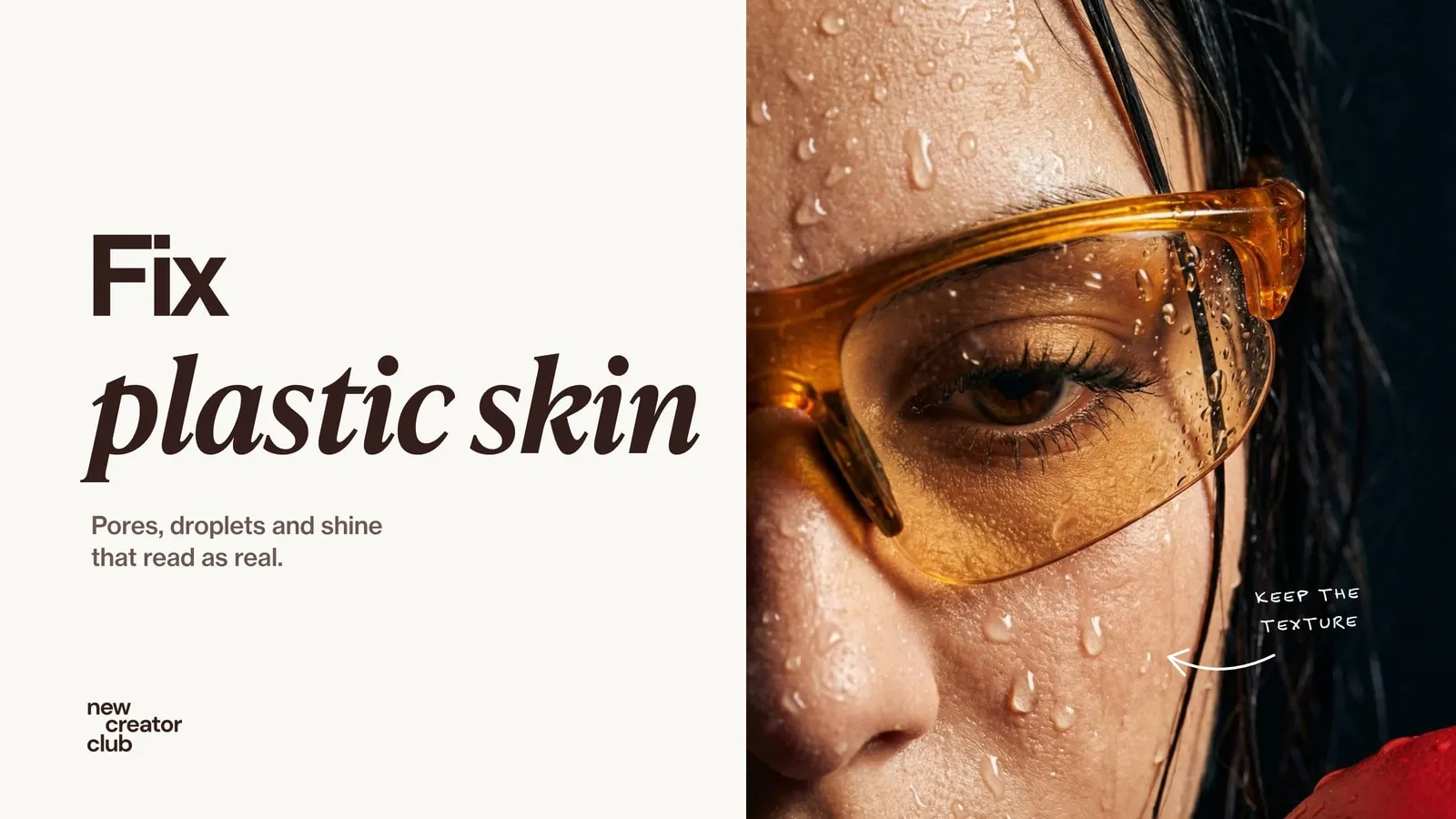 A wet close-up portrait with natural skin texture and a handwritten note saying keep the texture