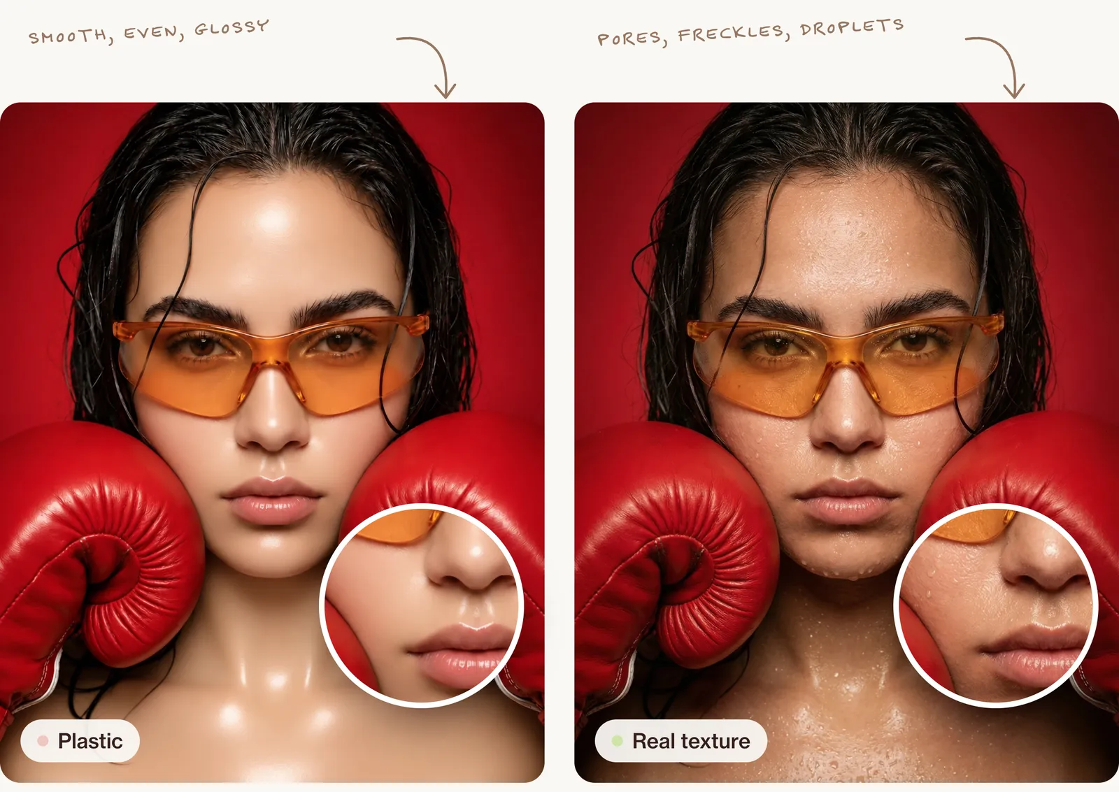 The same AI portrait twice, each with a zoomed circle on the cheek: on the left smooth, even, glossy plastic skin; on the right pores, freckles and water droplets.
