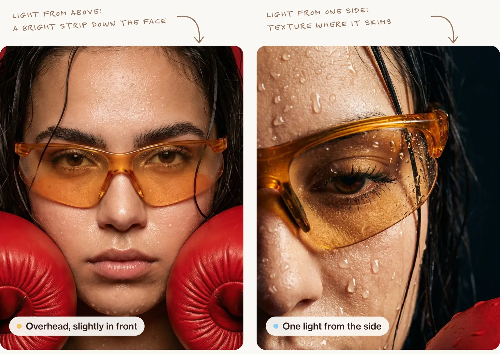 Two AI images of the same woman: lit from above and slightly in front, with a bright strip down the centre of the face, and lit from one side, where droplets and pores stand out on the cheek.