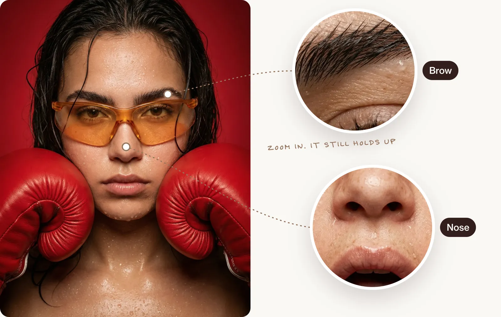 A wet portrait of a woman in amber sports glasses with red boxing gloves at her cheeks, with two round zoomed views showing single eyebrow hairs and freckled pores on the nose.