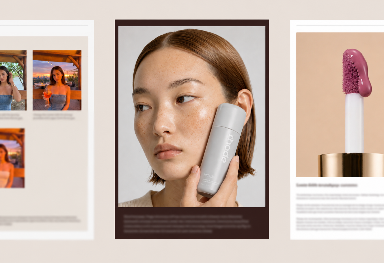 Creative prompt examples featuring an avatar and beauty product visuals