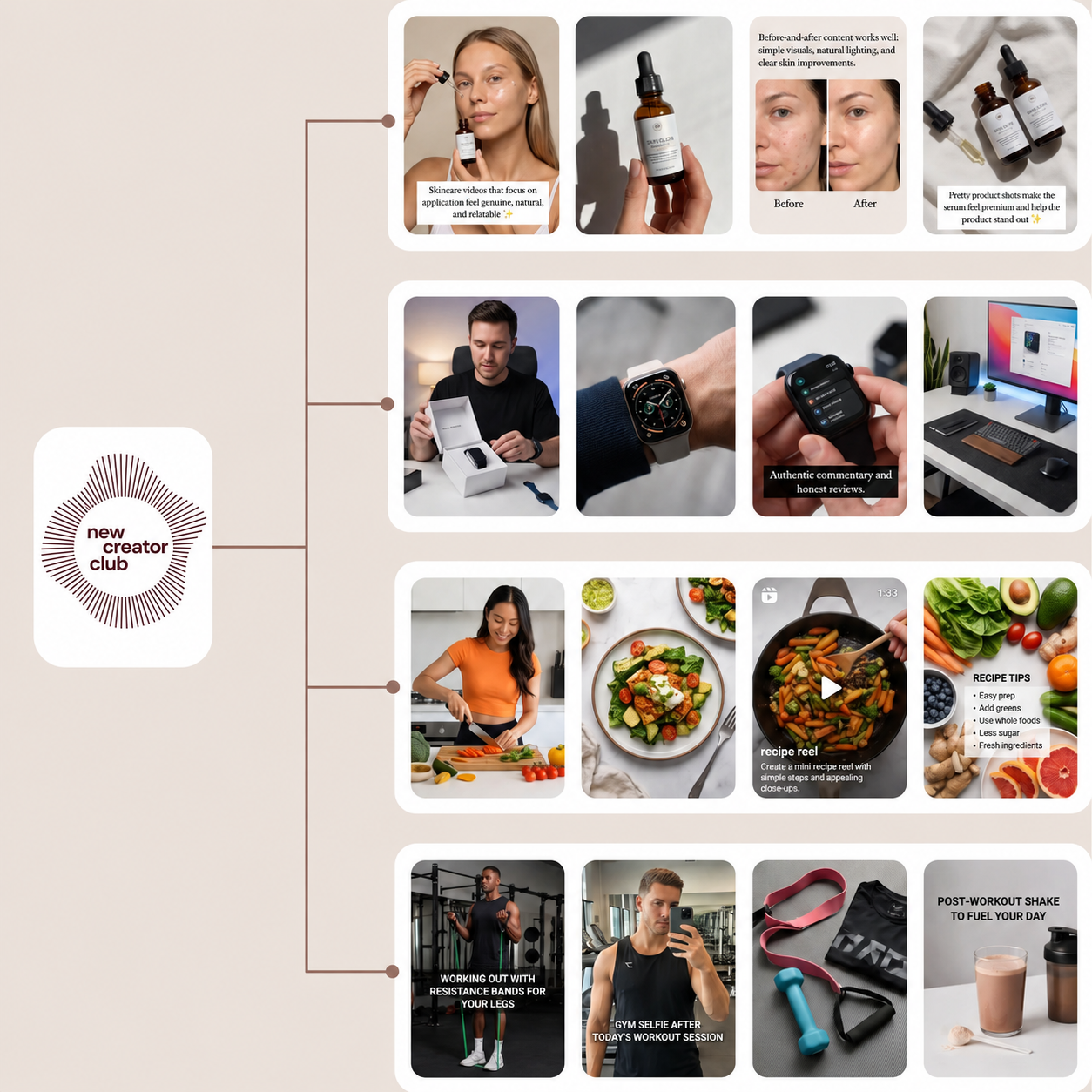 A collection of creator-style product and lifestyle content
