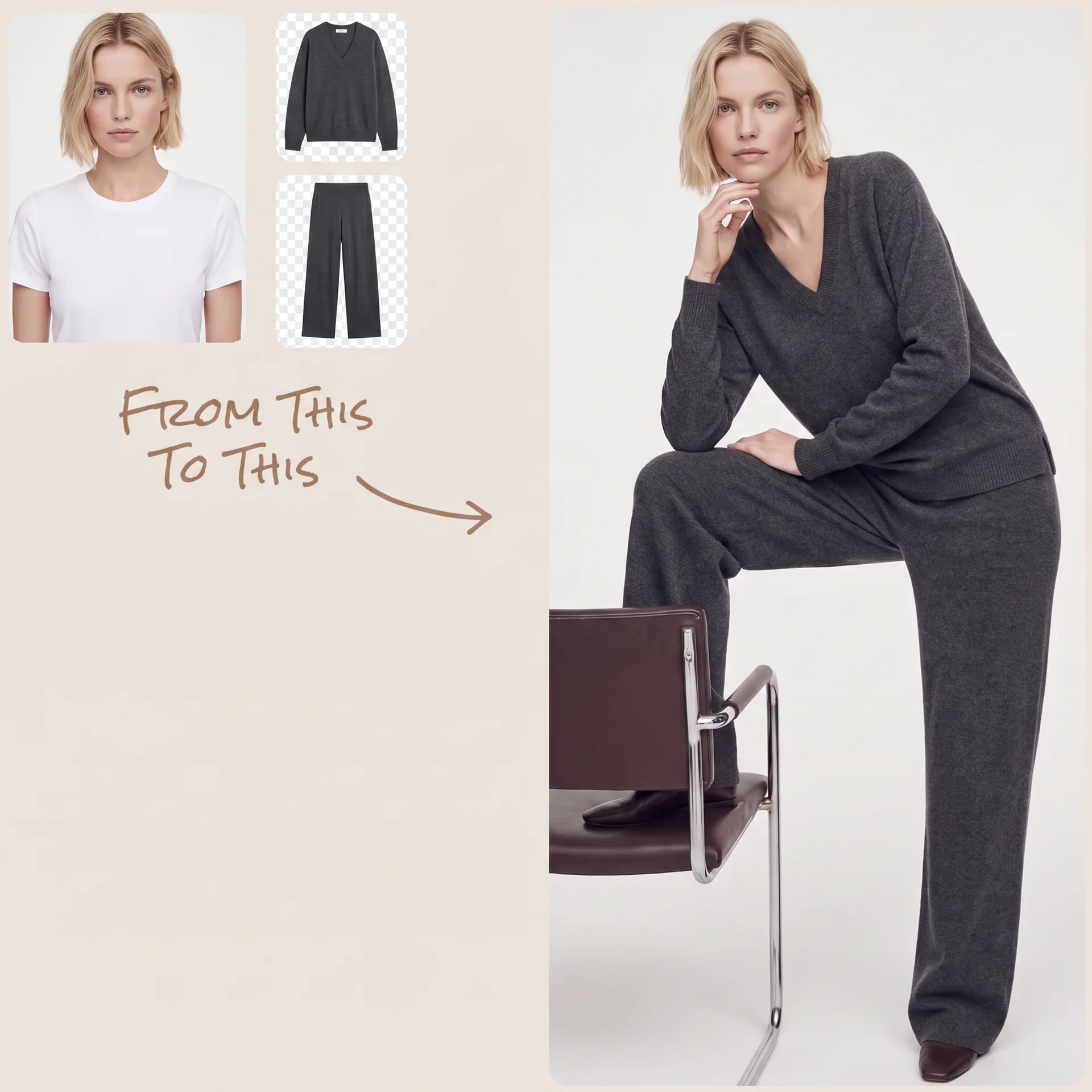 A model and clothing references transformed into a complete fashion image